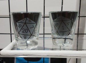 20-sided dice, shot glasses